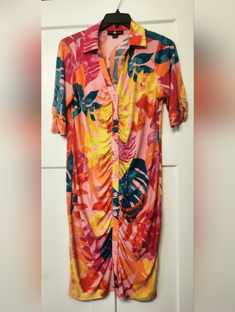 Ashley Stewart Pink Orange Yellow Tropical Midi Button-Front Dress